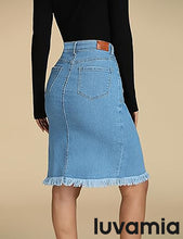 luvamia Women's Casual Mid Rise Button Down Frayed Raw Hem Denim Jean Midi Skirt