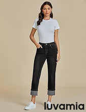 luvamia Straight Leg Jeans for Women Trendy Cropped High Waisted Cuffed Hem Stretchy Boyfriend Capri Jeans with Pockets