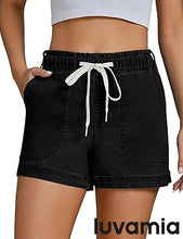luvamia Jean Shorts for Women High Waisted Pull On Drawstring Elastic Waist Trendy Stretchy Denim Jorts Summer Shorts