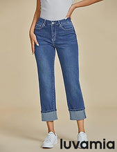 luvamia Straight Leg Jeans for Women Trendy Cropped High Waisted Cuffed Hem Stretchy Boyfriend Capri Jeans with Pockets