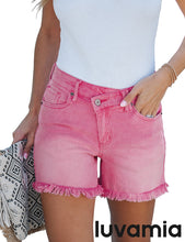 luvamia Trendy Mid Rise Jean Shorts for Women Summer Stretchy Crossover Waist Raw Hem Denim Shorts with Pockets for Women Casual