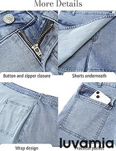 LUVAMIA Denim Skorts for Woman Cargo Faux Wrap Jean Skort Skirts Stretchy High Waisted Skirt Shorts
