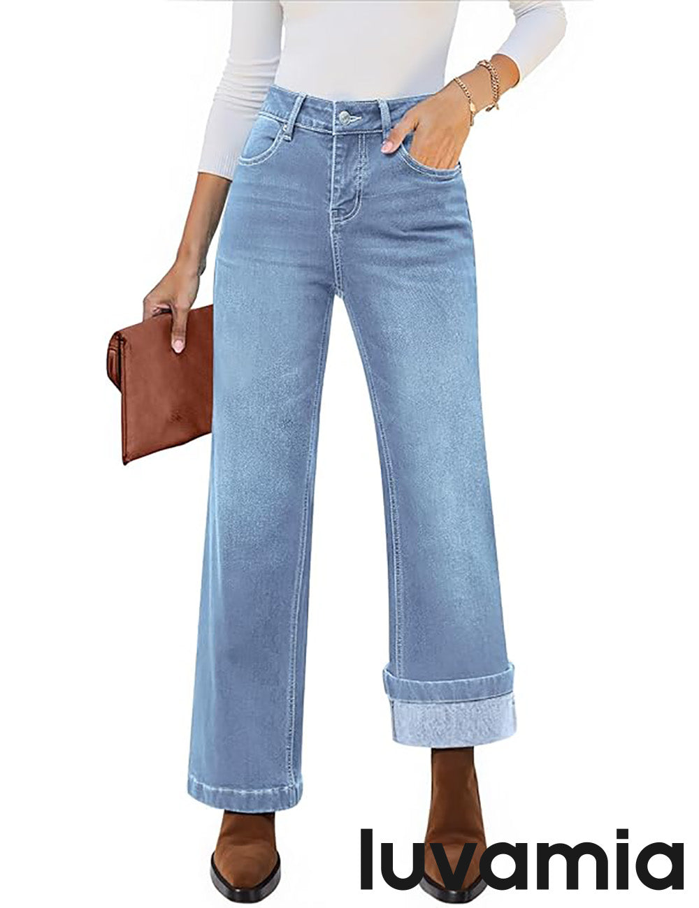 luvamia Flare Jeans for Women Thin Fleece Lined High Waisted Wide Leg Trendy Fall Stretchy Denim Pants Trouser Jeans
