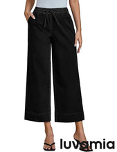 luvamia Wide Leg Jeans for Women High Waisted Cropped Pull On Jeans Elastic Wasit Drawstring Stretch Denim Trouser Pants