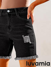 luvamia Jean Shorts for Women High Waisted Trendy Casual Distressed Stretchy Denim Long Shorts Ripped Raw Hem Shorts