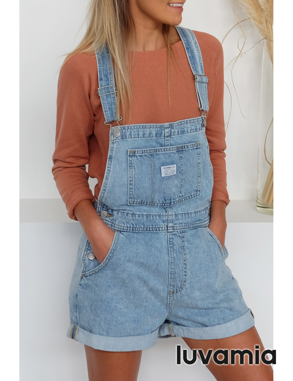 luvamia Women's Casual Adjustable Strap Cuffed Hem Denim Bib Overalls Shorts Romper