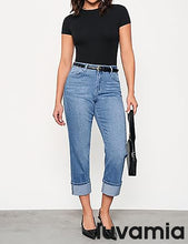 luvamia Straight Leg Jeans for Women Trendy Cropped High Waisted Cuffed Hem Stretchy Boyfriend Capri Jeans with Pockets
