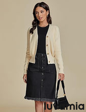 luvamia Women's Casual Mid Rise Button Down Frayed Raw Hem Denim Jean Midi Skirt