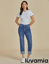 luvamia Straight Leg Jeans for Women Trendy Cropped High Waisted Cuffed Hem Stretchy Boyfriend Capri Jeans with Pockets