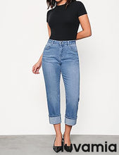 luvamia Straight Leg Jeans for Women Trendy Cropped High Waisted Cuffed Hem Stretchy Boyfriend Capri Jeans with Pockets