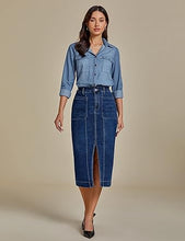 LUVAMIA Women's Skirts High Waisted Below Knee Split Hem Denim Bodycon Midi