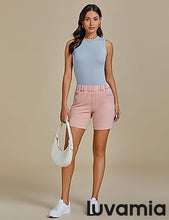 luvamia Jean Shorts for Women Trendy Pull On Mid Rise Elastic Waist Summer Casual Stretchy Long Denim Walking Shorts