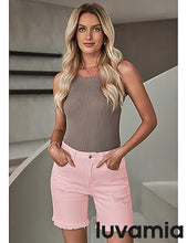 luvamia Jean Shorts for Women High Waisted Trendy Casual Distressed Stretchy Denim Long Shorts Ripped Raw Hem Shorts