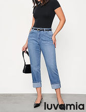 luvamia Straight Leg Jeans for Women Trendy Cropped High Waisted Cuffed Hem Stretchy Boyfriend Capri Jeans with Pockets