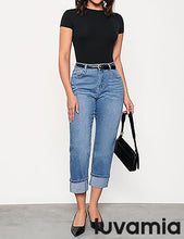 luvamia Straight Leg Jeans for Women Trendy Cropped High Waisted Cuffed Hem Stretchy Boyfriend Capri Jeans with Pockets
