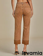 luvamia Straight Leg Jeans for Women Trendy Cropped High Waisted Cuffed Hem Stretchy Boyfriend Capri Jeans with Pockets