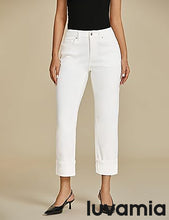 luvamia Straight Leg Jeans for Women Trendy Cropped High Waisted Cuffed Hem Stretchy Boyfriend Capri Jeans with Pockets