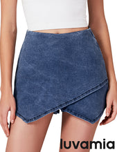 luvamia Jean Skorts for Woman High Waisted Pull On Stretchy Denim Wrap Skirt with Shorts Trendy Asymmetrical Skort