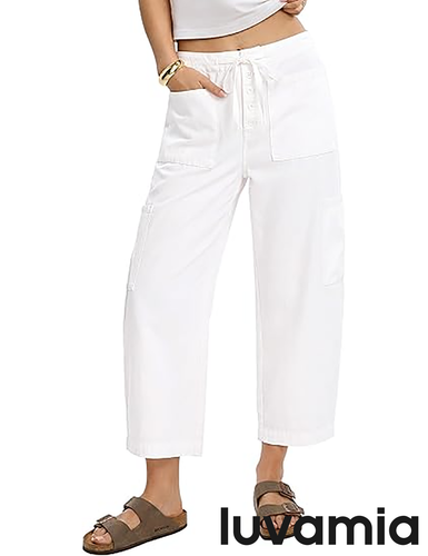 luvamia FleXclusive Barrel Jeans for Women Trendy Wide Leg High Rise Baggy Pull On Elastic Waist Button Fly Drawstring Denim Pants