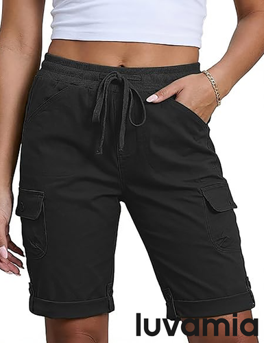 luvamia Bermuda Shorts for Women Knee Length High Rise Summer Casual Shorts Elastic Wasit Drawstring with Pockets