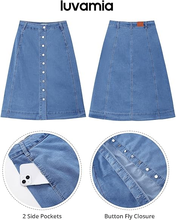 luvamia FleXclusive Jean Skirts for Women Trendy Midi Length A Line Western Casual Button Down Stretchy Denim Skirt with Pockets