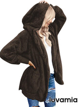 luvamia Women Fuzzy Fleece Open Front Pocket Hooded Cardigan Jacket Coat Outwear