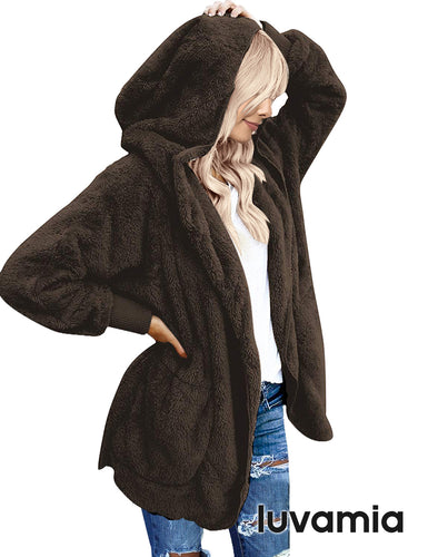 luvamia Women Fuzzy Fleece Open Front Pocket Hooded Cardigan Jacket Coat Outwear