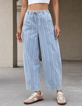 luvamia FleXclusive Barrel Jeans Women Trendy Striped Cropped High Waisted Pull On Elastic Waist Wide Leg Casual Stretch Denim Pants