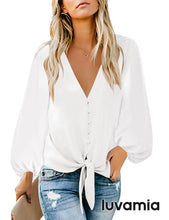 luvamia Women's Button Down Blouse V Neck Tie Knot Summer Tops Long Sleeve Shirt
