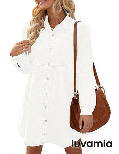 luvamia Denim Dress for Women Babydoll Flowy Cute Jean Shirt Dresses Long Sleeves