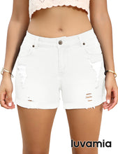 luvamia Women's Casual Mid Rise Denim Shorts Stretch Ripped Raw Hem Jean Shorts