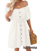 luvamia Denim Dress for Women Off The Shoulder Dresses Puff Sleeve Elastic Waist A Line Short Western Jean Dress Belted
