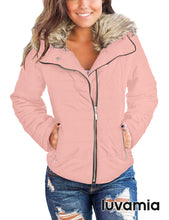 luvamia Women Casual Warm Winter Faux Fur Quilted Parka Lapel Zip Jacket Puffer Coat