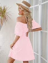 luvamia Denim Dress for Women Off The Shoulder Dresses Puff Sleeve Elastic Waist A Line Short Western Jean Dress Belted