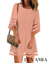 luvamia Women Dresses Casual Crewneck 3/4 Bell Sleeve Loose Mesh Panel Tunic Dress