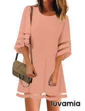 luvamia Women Dresses Casual Crewneck 3/4 Bell Sleeve Loose Mesh Panel Tunic Dress