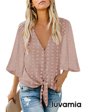 luvamia Women Button Up Down Blouse Tie Knot Front Tops Long Ruffel Sleeve V Neck Shirt Going Out Dressy Casual Work