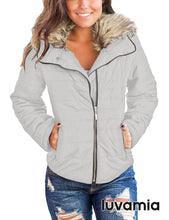 luvamia Women Casual Warm Winter Faux Fur Quilted Parka Lapel Zip Jacket Puffer Coat