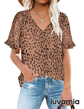luvamia Women's Casual V Neck Tops Ruffle Short Sleeve Blouses Button Down Shirts