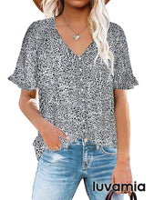 luvamia Women's Casual V Neck Tops Ruffle Short Sleeve Blouses Button Down Shirts