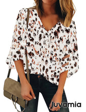 luvamia Women's Casual V Neck Blouse 3/4 Bell Sleeve Mesh Panel Shirts Loose Top