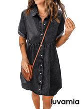 luvamia Women's Casual Short Sleeve Button Down Tiered Denim Babydoll Jean Dress