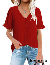 luvamia Women's Casual V Neck Tops Ruffle Short Sleeve Blouses Button Down Shirts