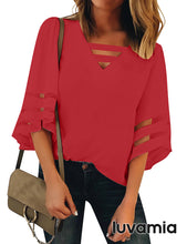 luvamia Women Casual Strappy V Neck Blouse 3/4 Bell Sleeve Mesh Panel Shirts Top