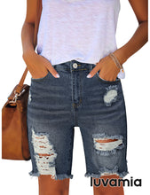 luvamia Women's High Waist Bermuda Shorts Ripped Distressed Stretch Denim Shorts