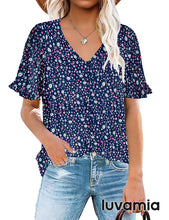 luvamia Women's Casual V Neck Tops Ruffle Short Sleeve Blouses Button Down Shirts