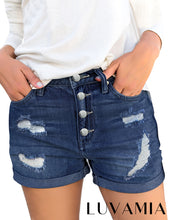 luvamia Women's Ripped Denim Jean Shorts High Waisted Stretchy Folded Hem Short Jeans