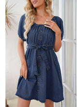 luvamia Denim Dress for Women Off The Shoulder Dresses Puff Sleeve Elastic Waist A Line Short Western Jean Dress Belted