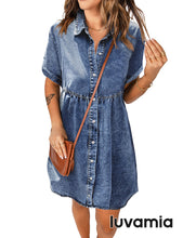 luvamia Women's Casual Short Sleeve Button Down Tiered Denim Babydoll Jean Dress