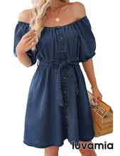 luvamia Denim Dress for Women Off The Shoulder Dresses Puff Sleeve Elastic Waist A Line Short Western Jean Dress Belted